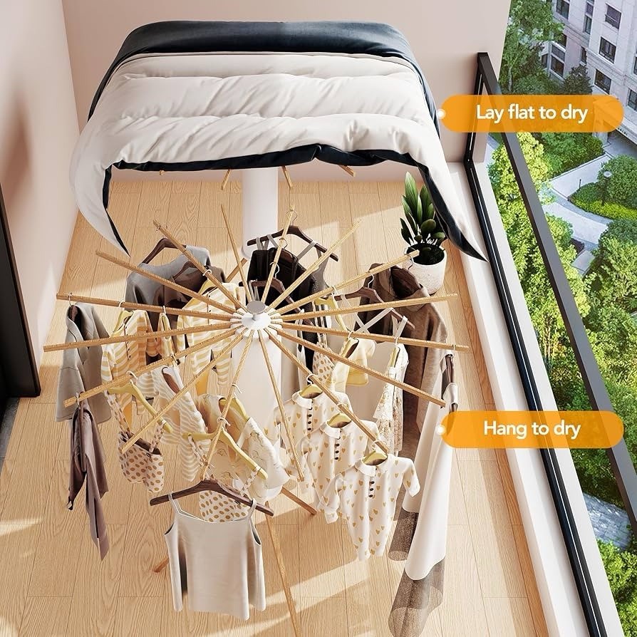 Umbrella-Shaped Large Capacity Foldable Clothes Drying Rack Beech Wood