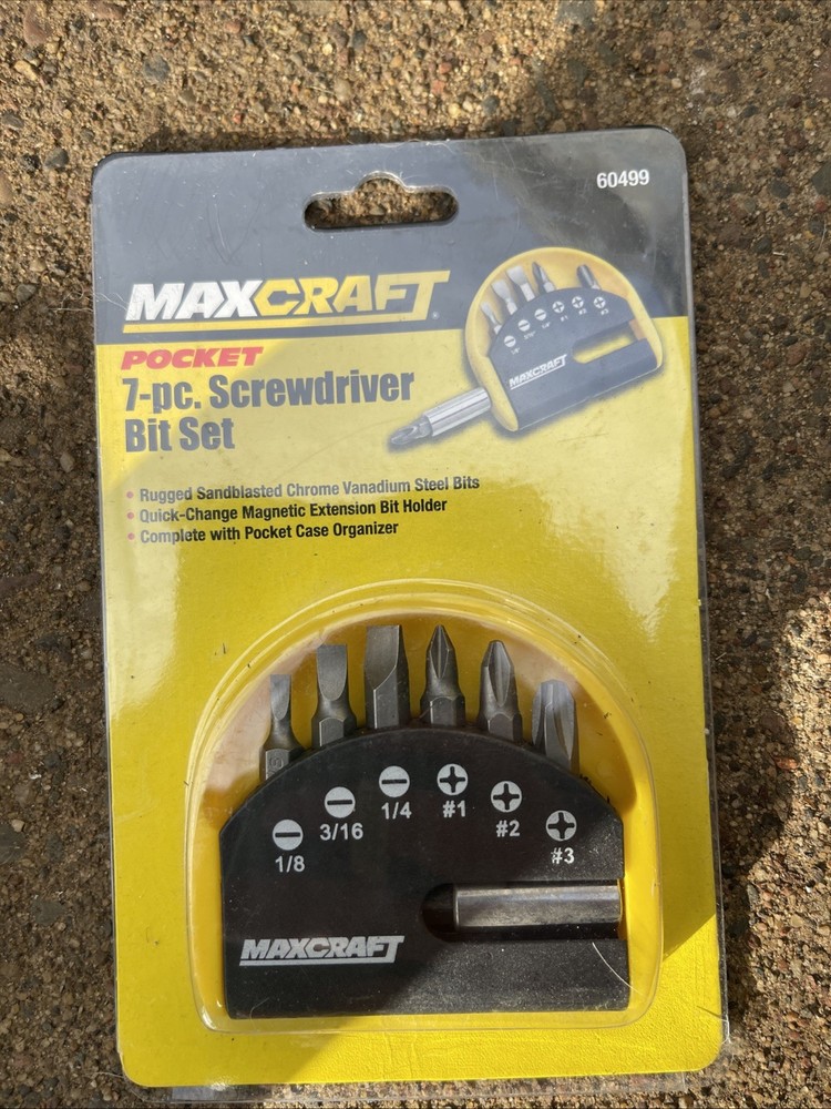 Maxcraft Pocket 7 piece screwdriver bit set new with case Chrome bits & holder