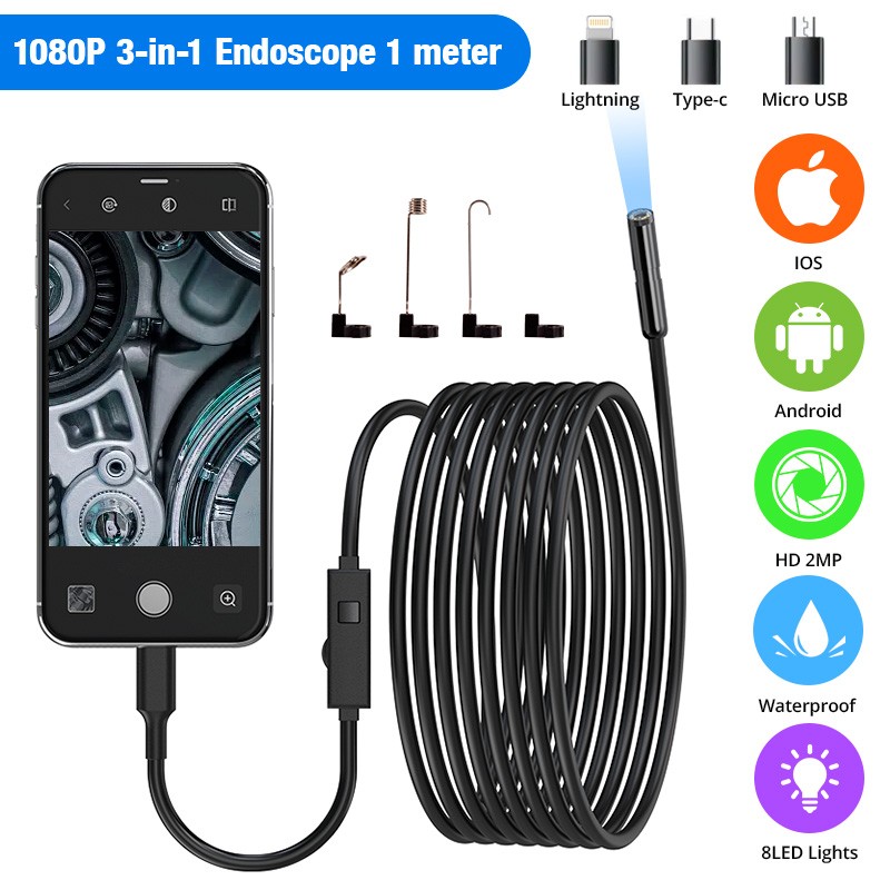 3.3FT 8LED Borescope Endoscope Snake Inspection Scope Camera for iPhone Android