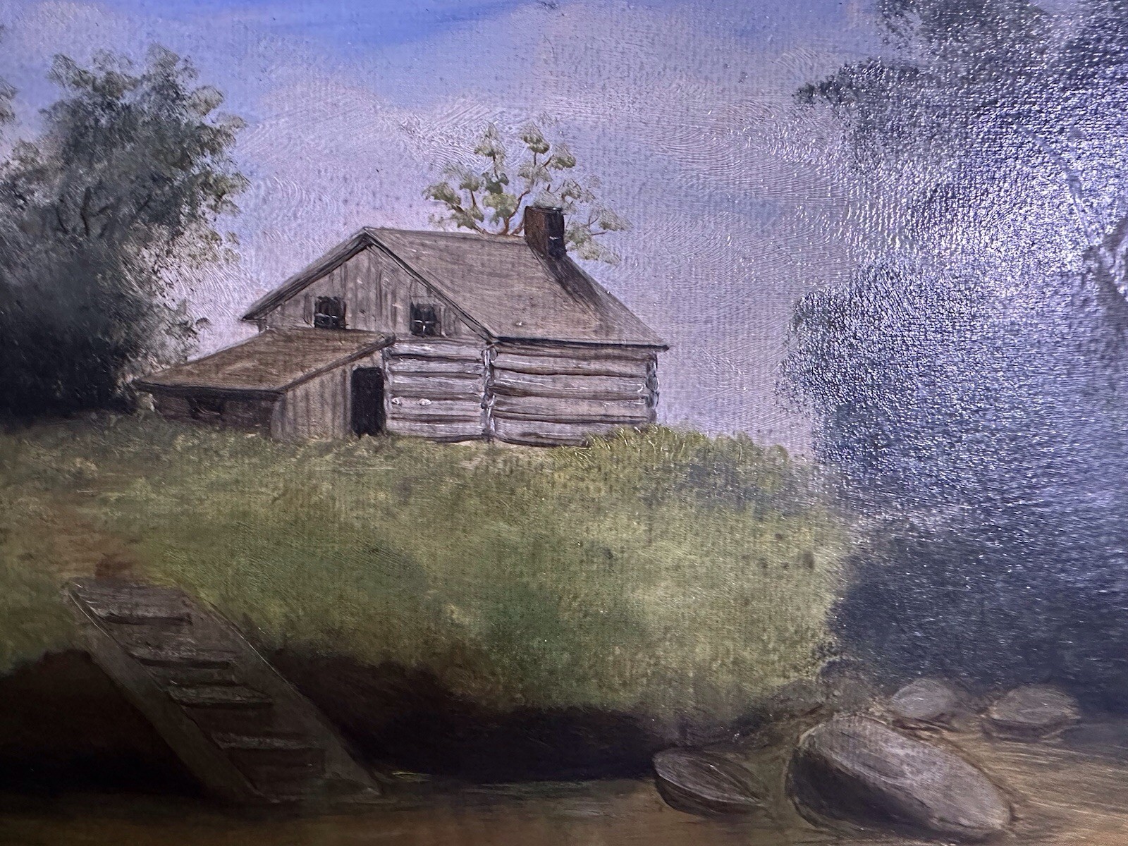 Antique American Folk Art Landscape Painting On Board Cabin In Woods