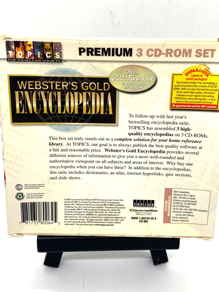 Webster Gold Encyclopidea 2001 PC-CD-Rom Premium 3 disc set. New