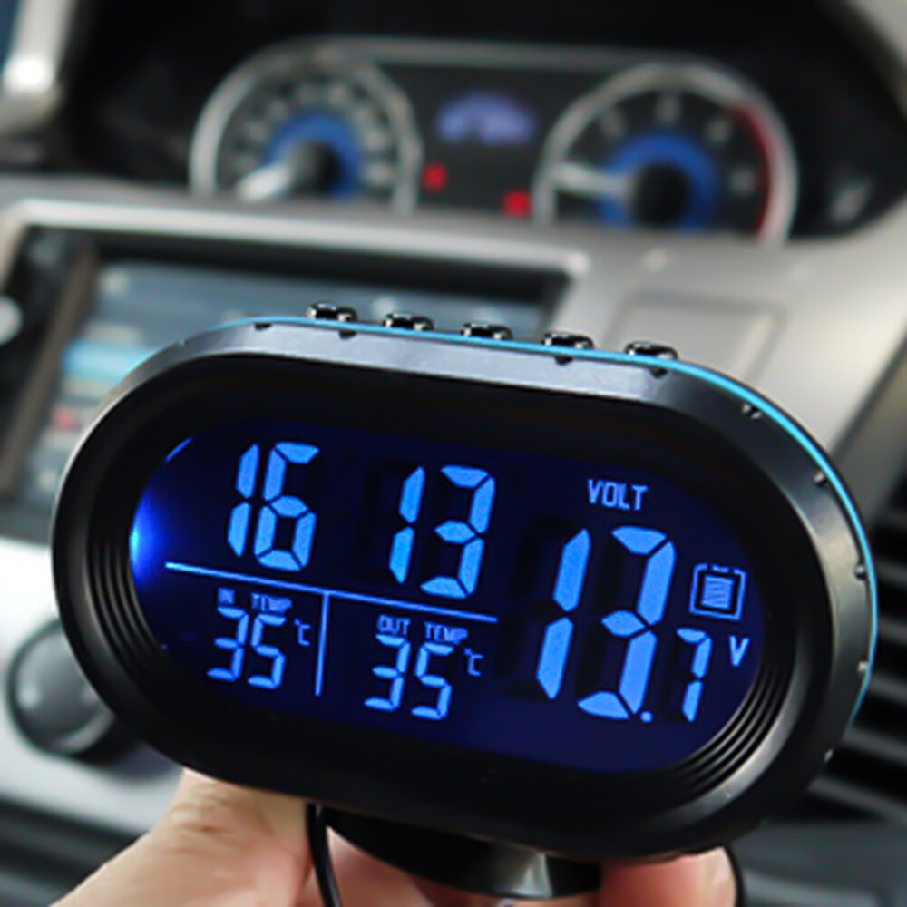 Mini Car Dash Panel Blue LED Digital Thermometer/Voltmeter/Clock Voltage Gauge