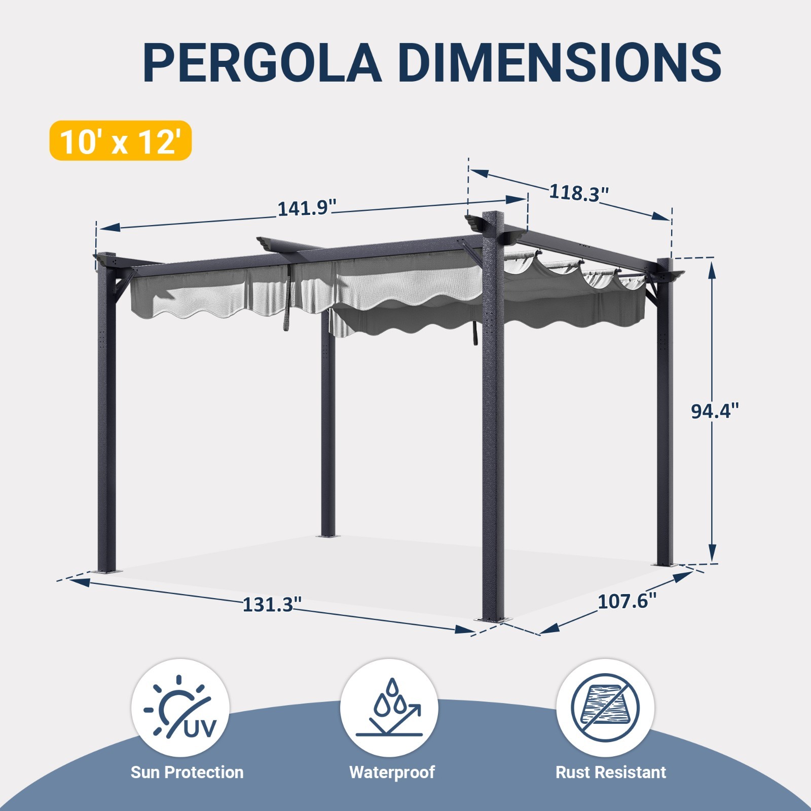 10 x 12 FT Black Outdoor Patio Pergola with Retractable Sun Shade Canopy