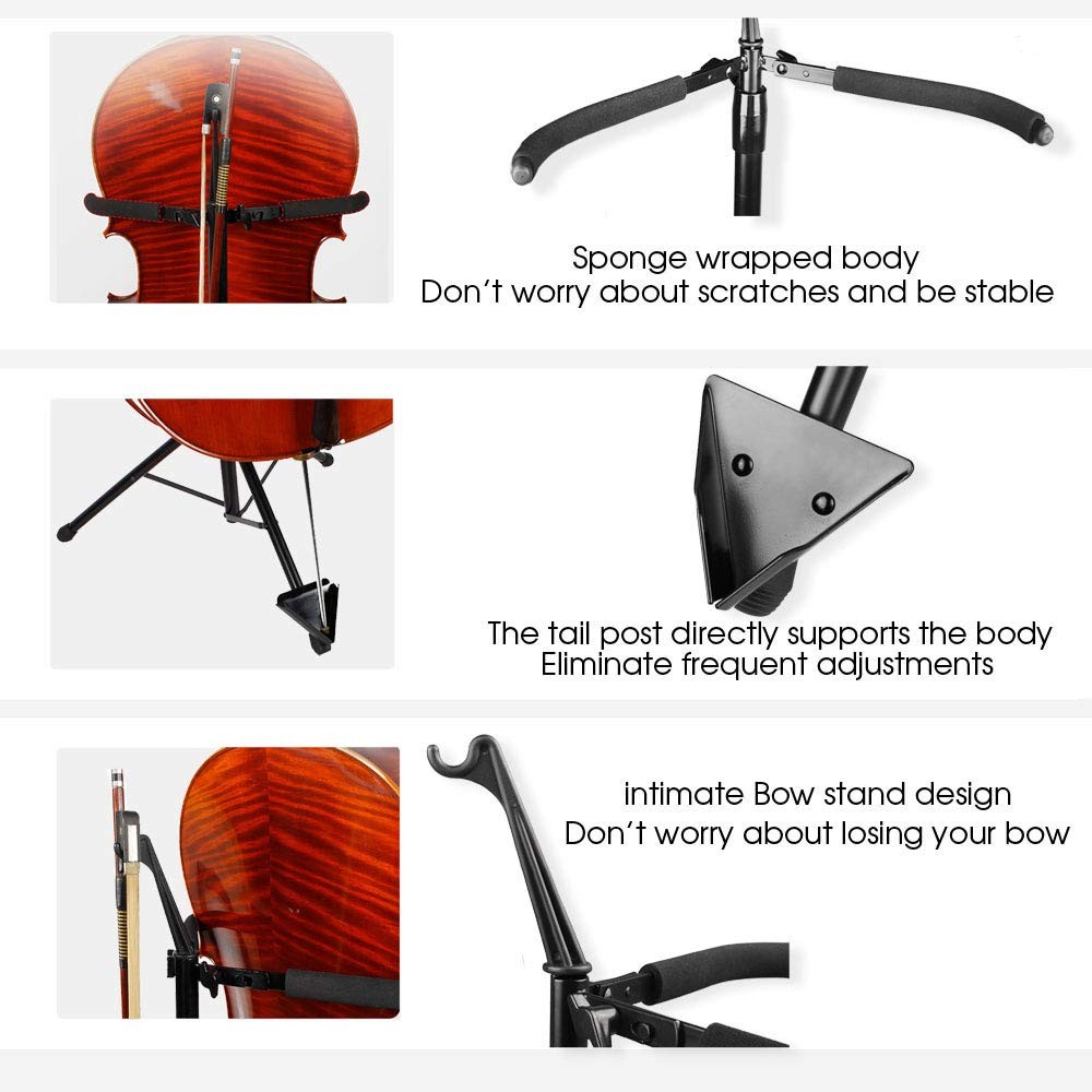 Adjustable Cello Stand with Bow Hook , Foldable Tripod Support for 1/2, 1/4, ...