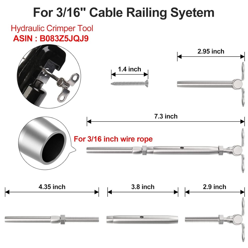 10 Pairs 3/16" Cable Railing Kits, T316 Adjustable Angle Cable Railing Hardware