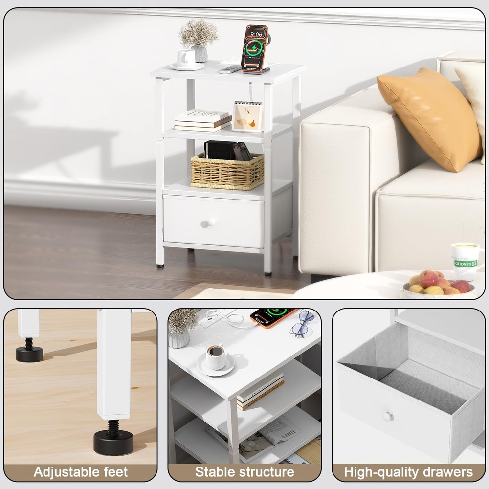 Side Table with Charging Station, Nightstand with Adjustable Fabric Drawer, B...