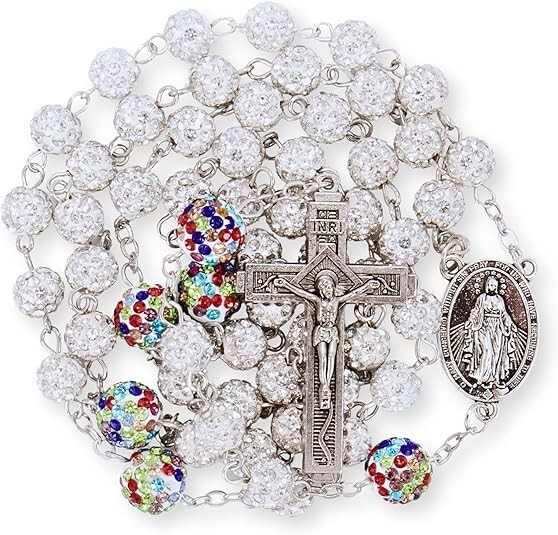 White with Colorful Beads Rhinestones Crystal Beads Catholic Rosary Necklace