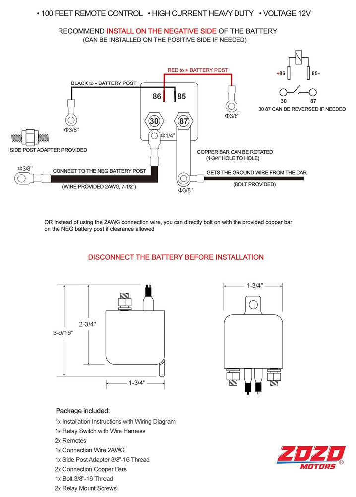 3/8" Side Post Remote Battery Disconnect Switch 12V Battery Kill Switch for Car