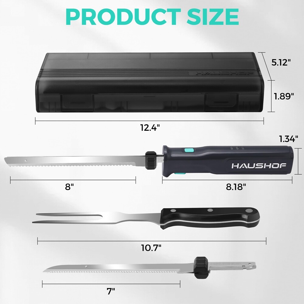 HAUSHOF 8V Cordless Electric Knife Set Meat Cutter Stainless Steel Blades w/Case