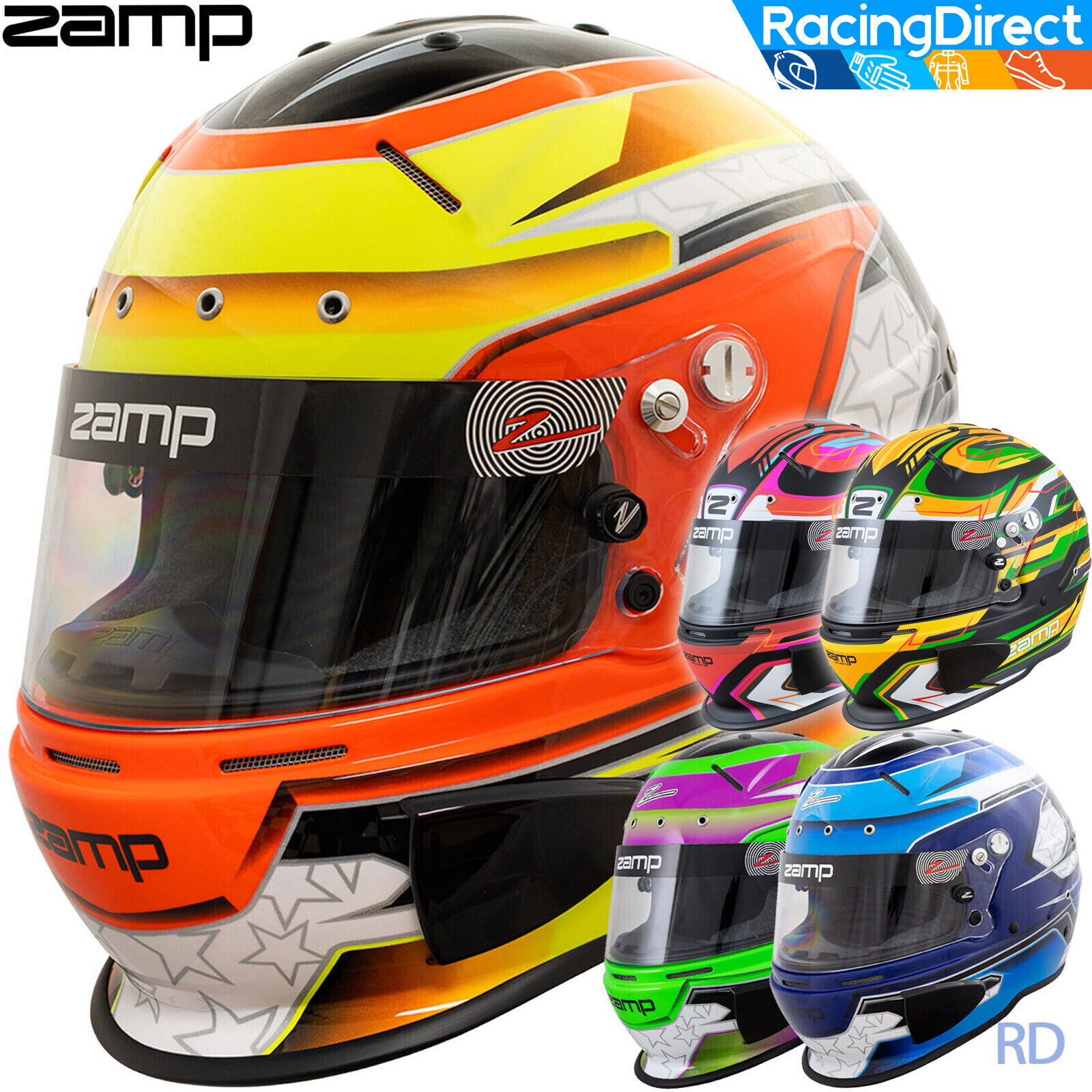 ZAMP - RZ-70E Switch Helmet - SA2020 & FIA8859 Rated - Blue Orange Green Graphic