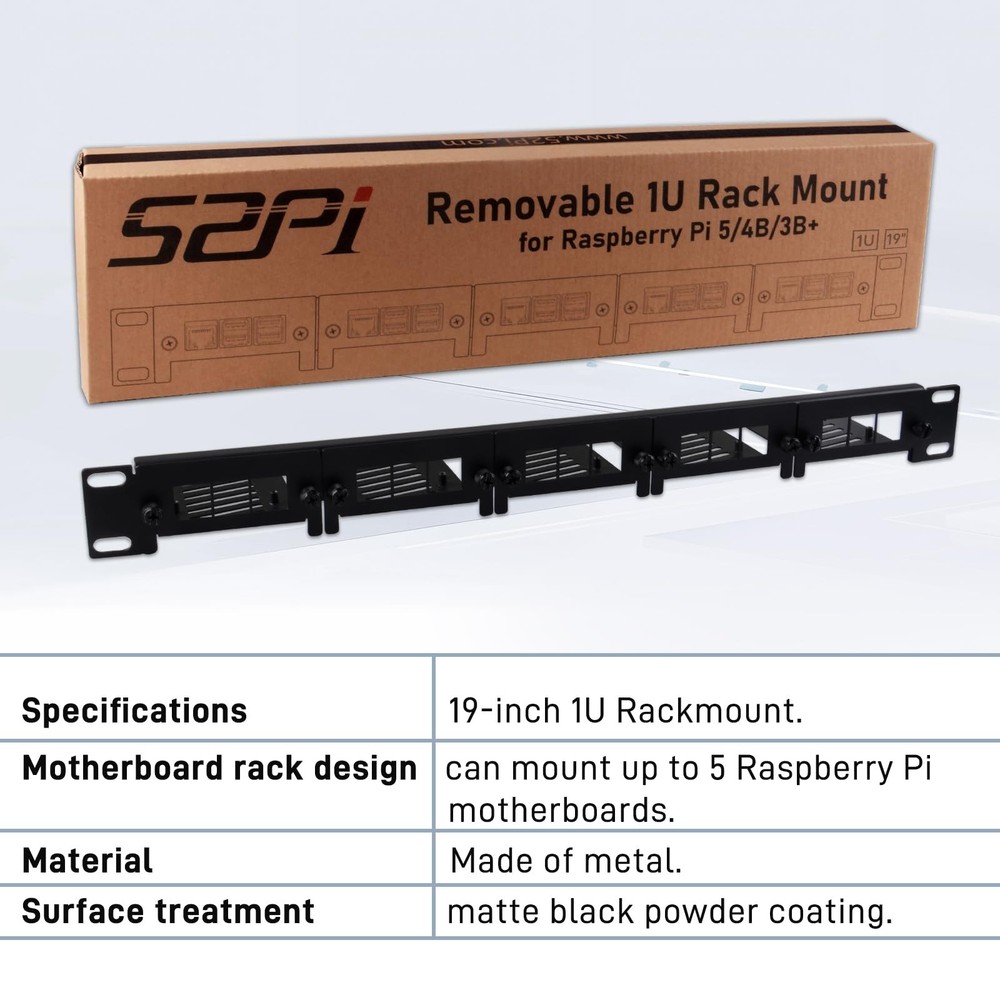 19 inch 1U Rack Mount for Raspberry Pi 5/4B/3B+/3B, with Removable Front Brac...