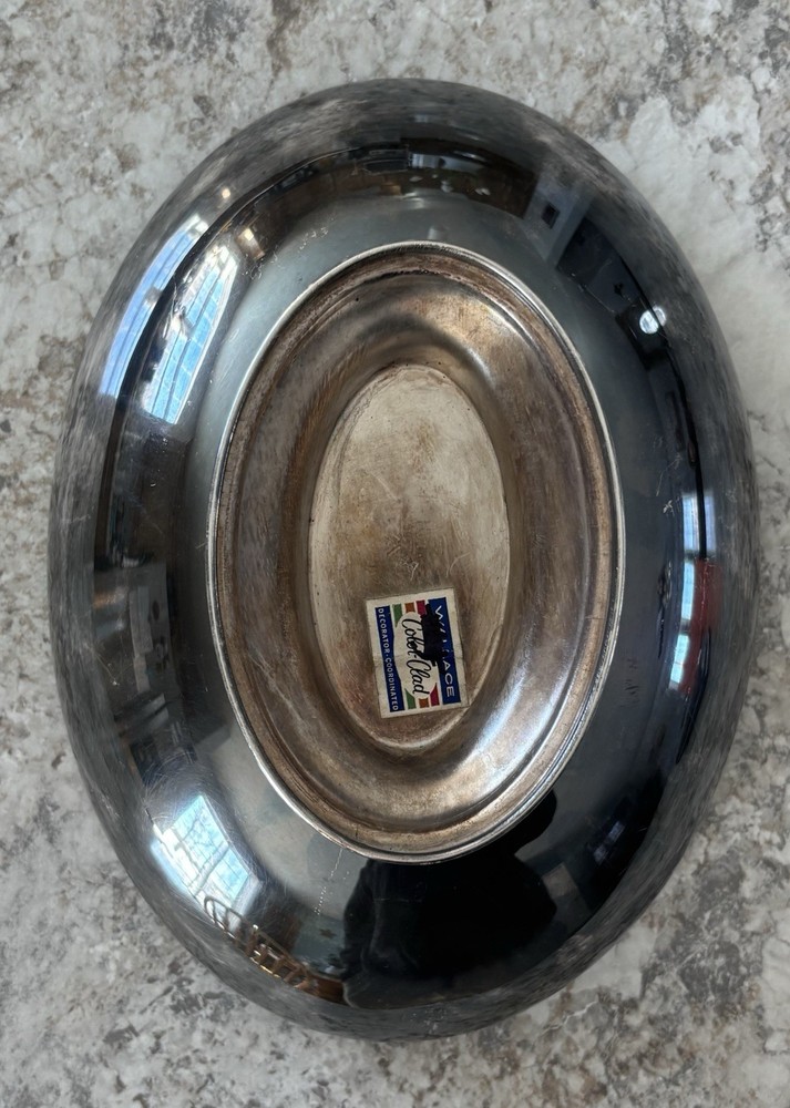 VTG. Wallace Color Clad Oval Bowl Deep Blue Interior MCM Silver Played