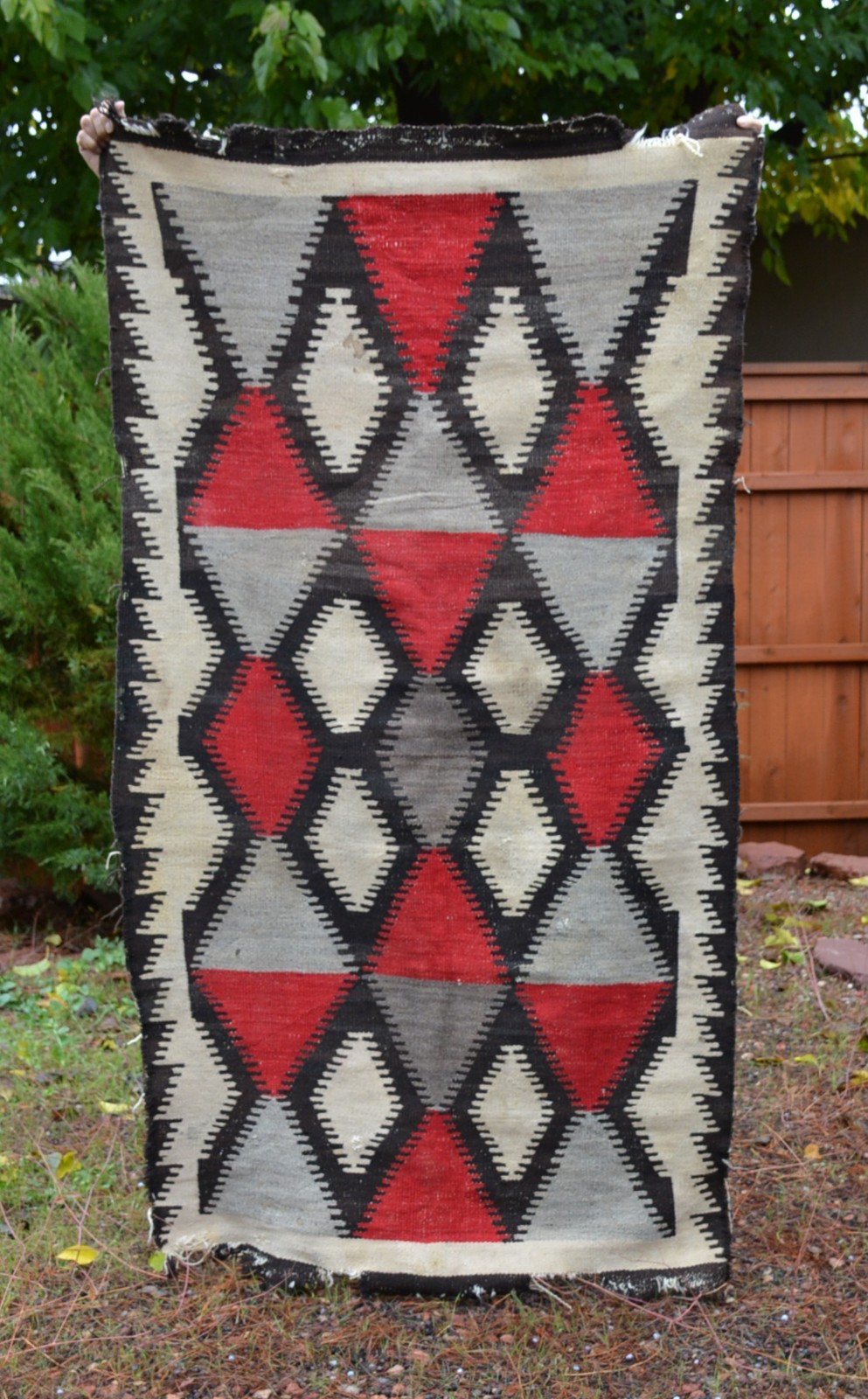 Large Old Navajo Rug - Eyedazzler Diamond Design Red Black White Gray - 78 x 43