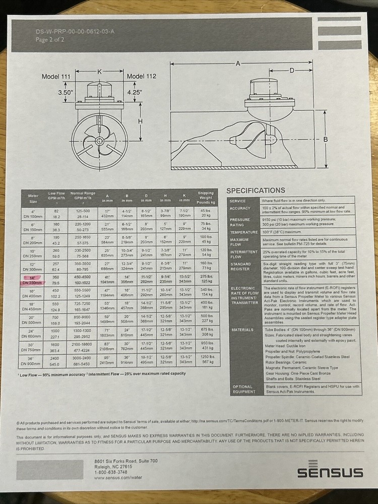 14” Mainline Propeller Meter Sensus Model 112 PExPE EROFI HEAD, HET PULSE TRANS