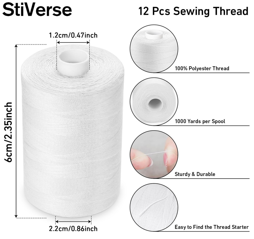 White Sewing Thread 12 Pcs, 1000 Yd Each, Polyester, Machine Hand Stitching