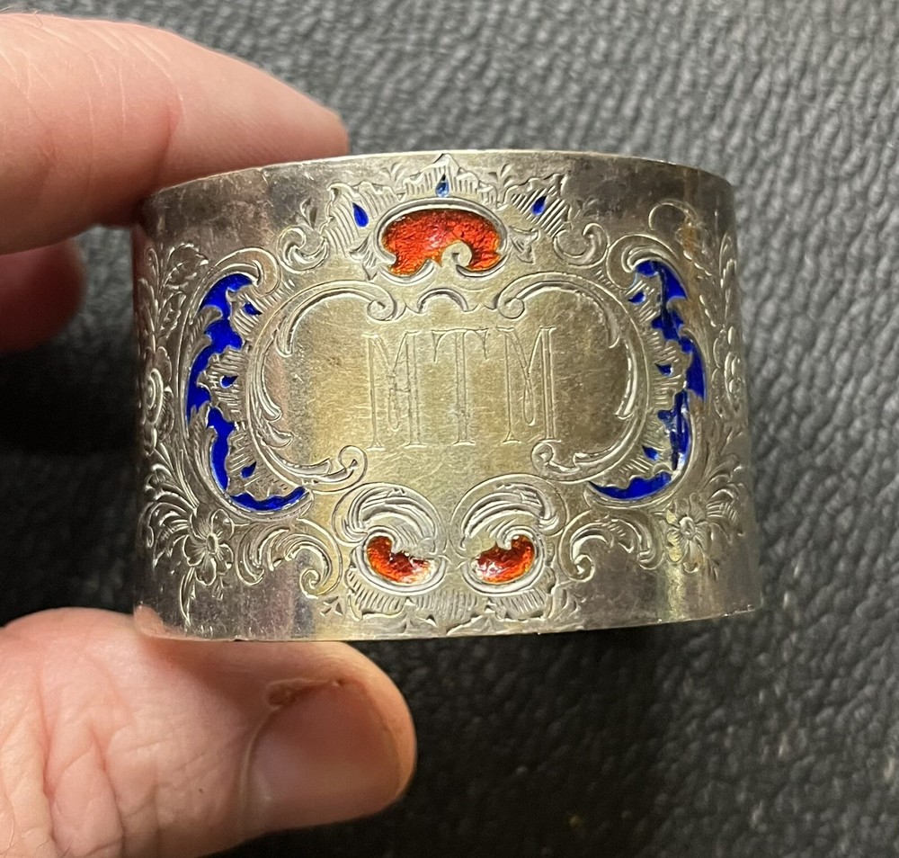 ANTIQUE 800 SILVER NAPKIN RING ENAMELED