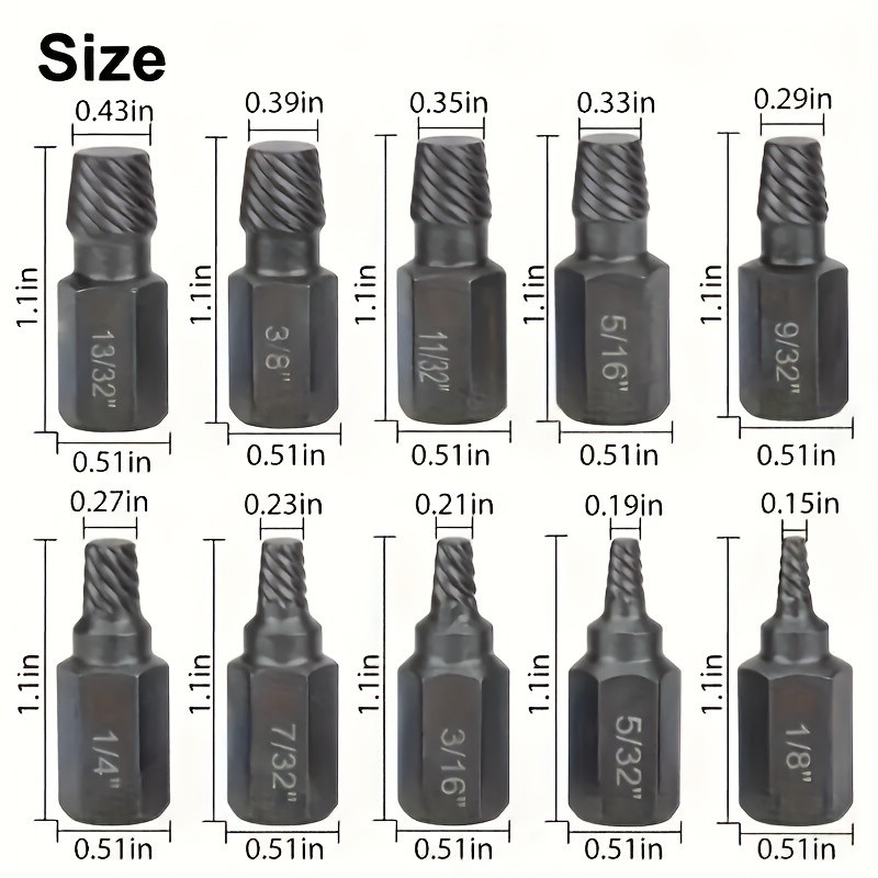 10-Piece Screw Extractor Set - For Removing Damaged Screws, Multiple Sizes