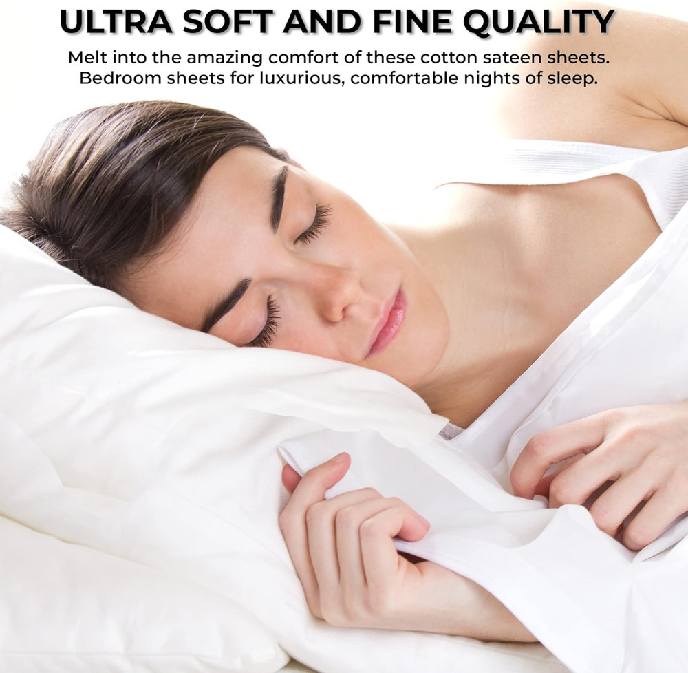 Bed Sheet Set, Soft Egyptian Cotton Sateen Solid Sheets and Pillowcase Set, Deep