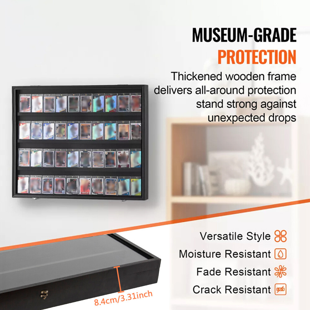Sports Card Display Case 36 Graded Cards Baseball Wooden Frame UV Protection