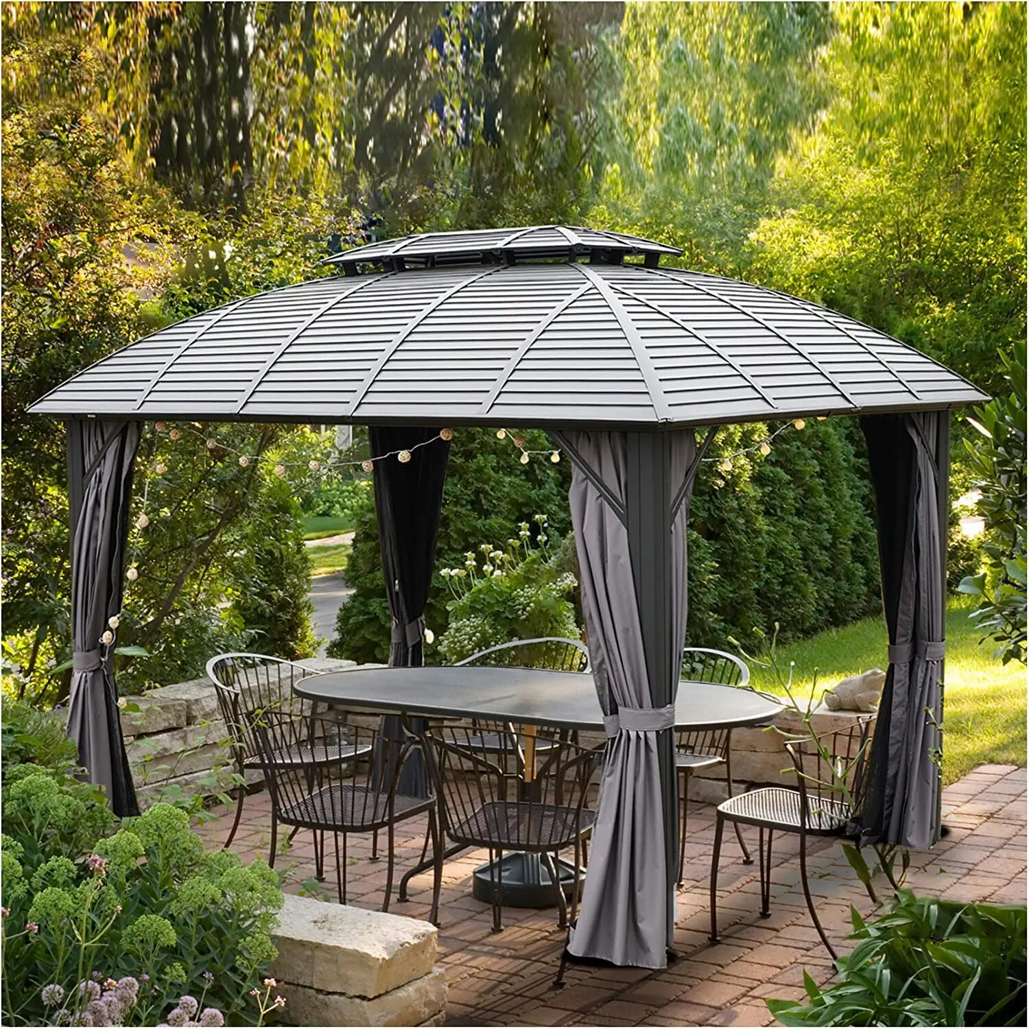 10' x 12' Hardtop Gazebo Outdoor Aluminum Arc Gazebo for Patios Double Roof