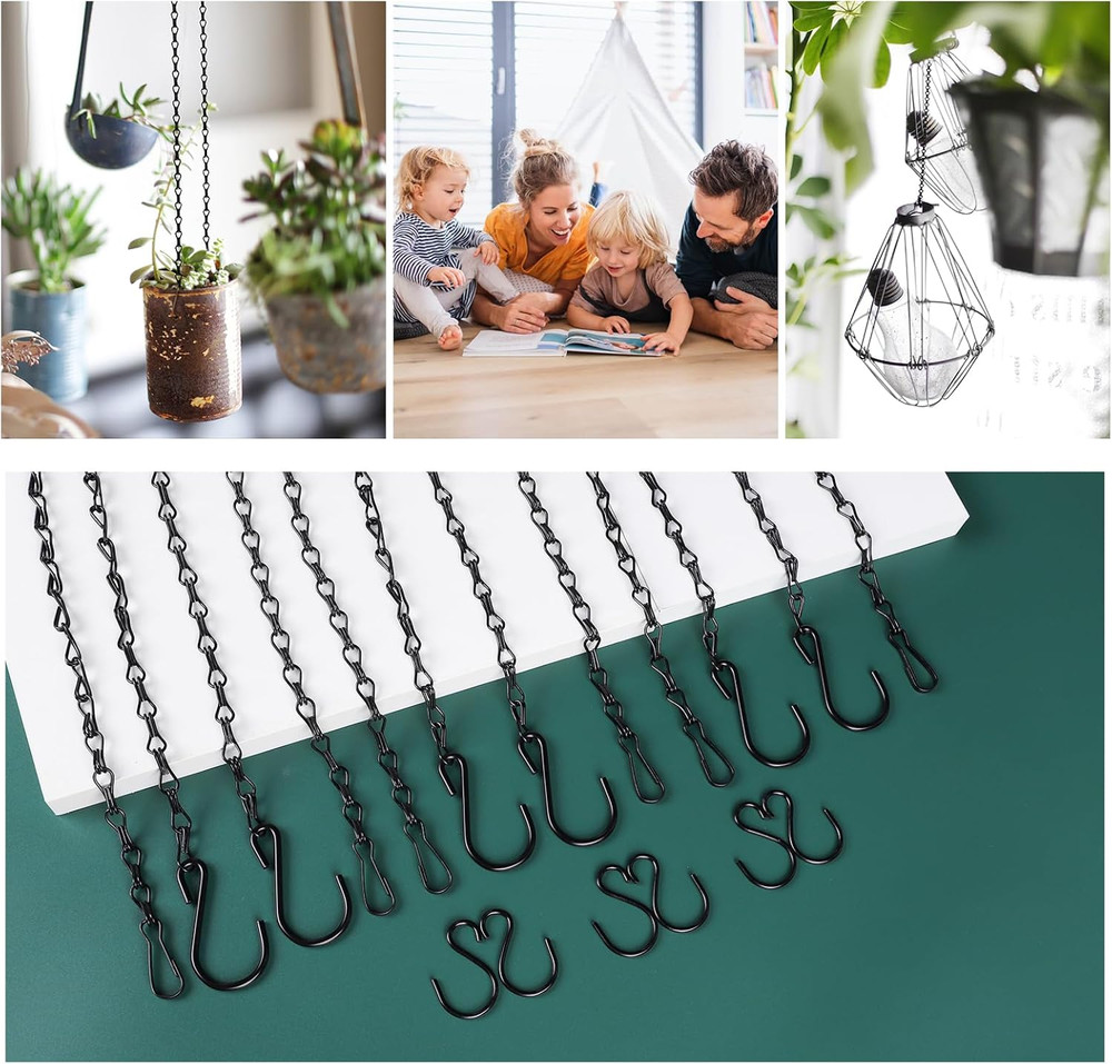 6PCS Hanging Chains with S Hooks, 24.2IN Long Chains with Clips, Adjustable Blac