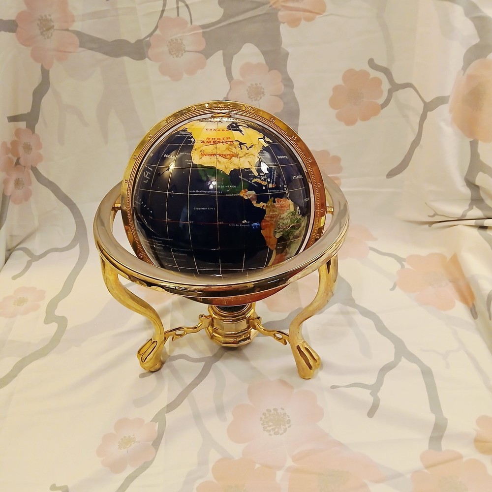 Blue Lapis Gemstone World Globe with Brass Stand and Compass