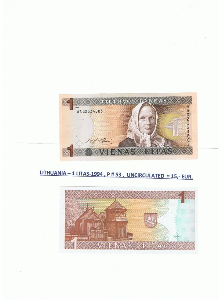 LITHUANIA -1  LITAS-1994 , P # 53 , UNCIRCULATED