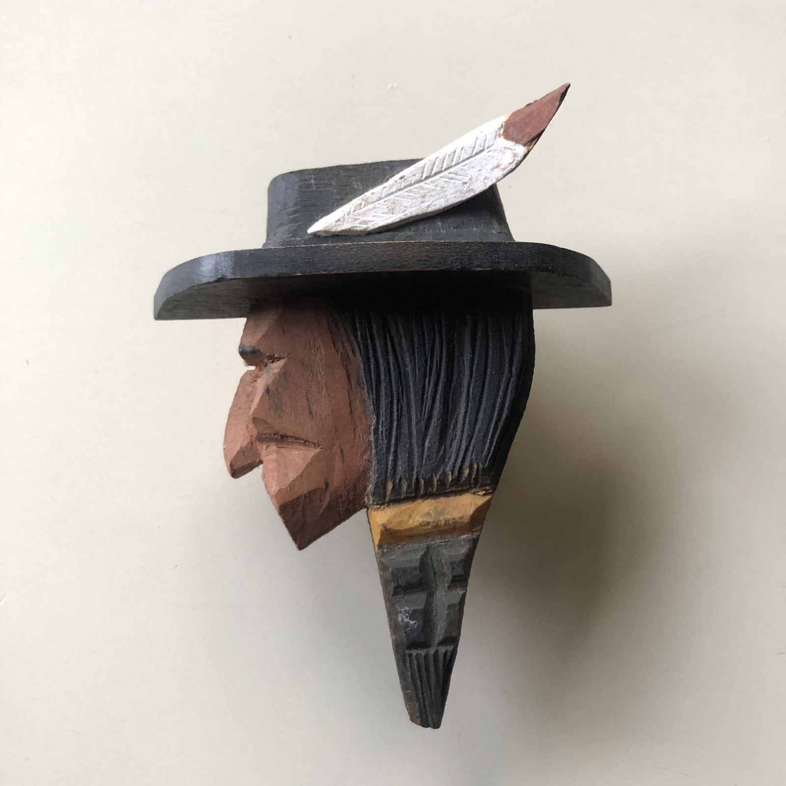 Hand Carved Painted Signed Wood Neckerchief Slide Native American Man  AT