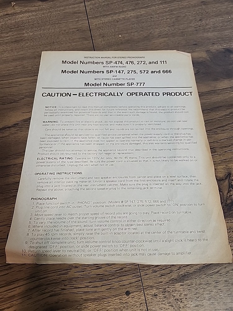 Vintage Instructions For Stereo Phonograph