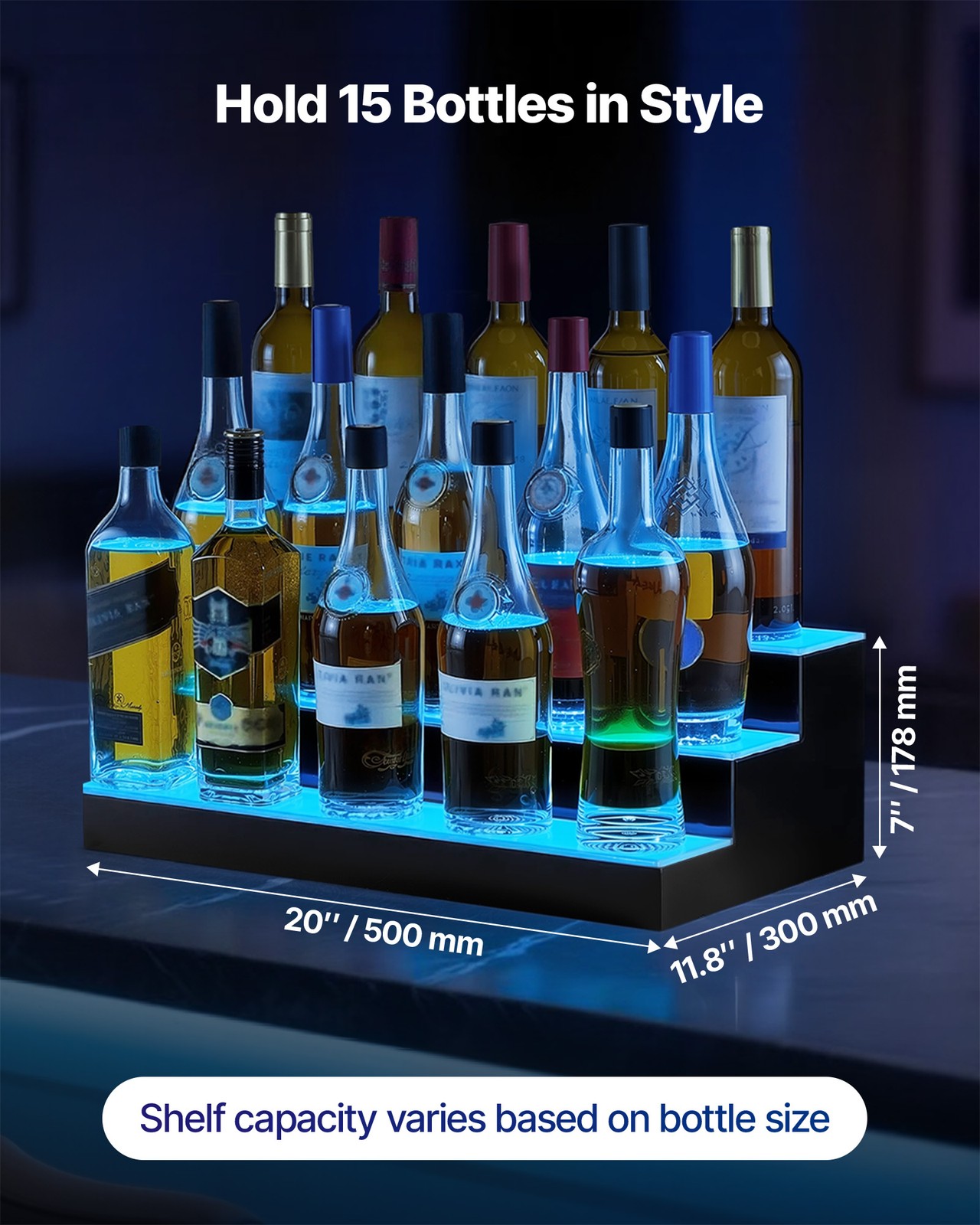 VEVOR LED Lighted Liquor Bottle Display 3 Tiers 20 Inches for 15 Bottles