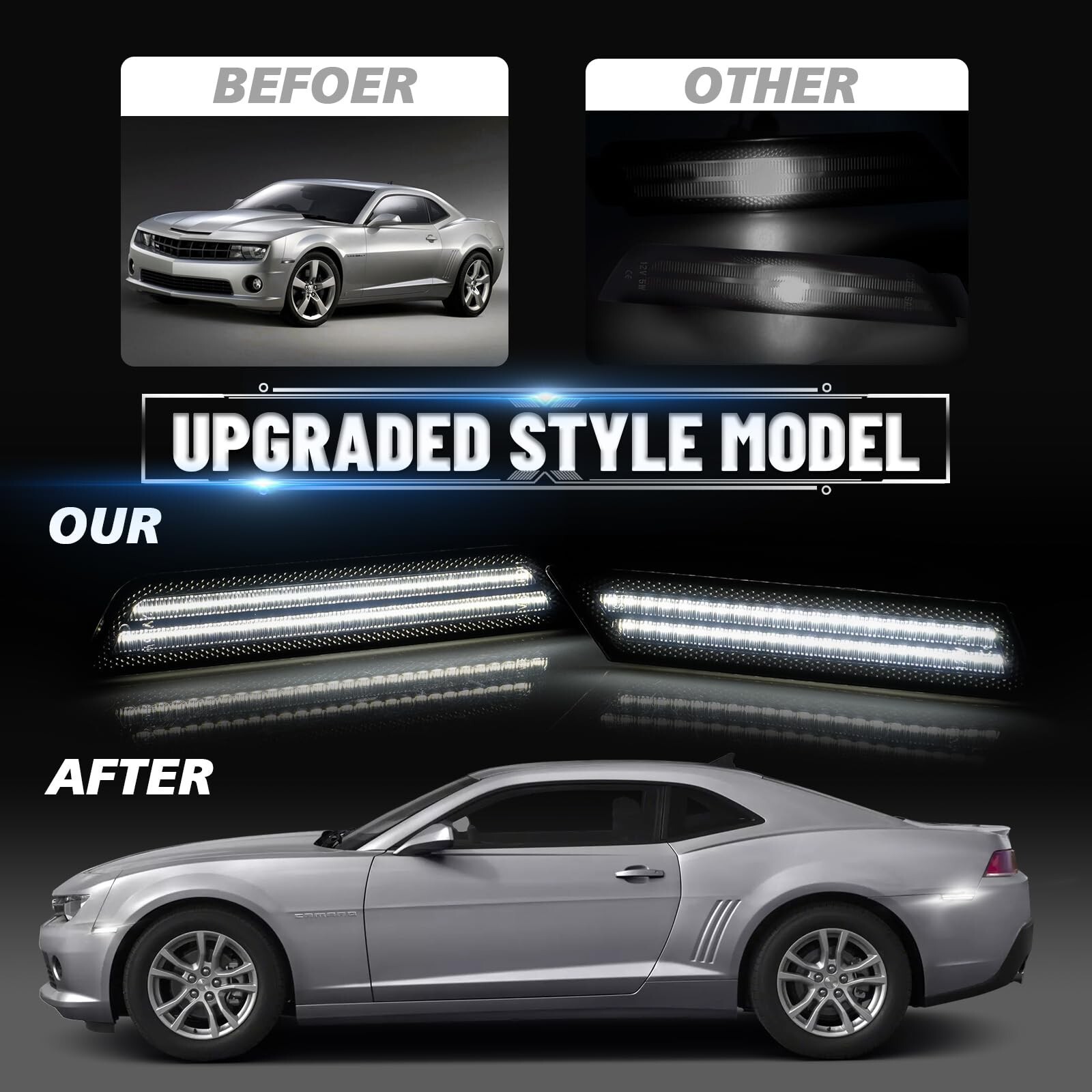 White Front Rear Fender Side Marker LED Lights Smoked For 2010-2015 Chevy Camaro