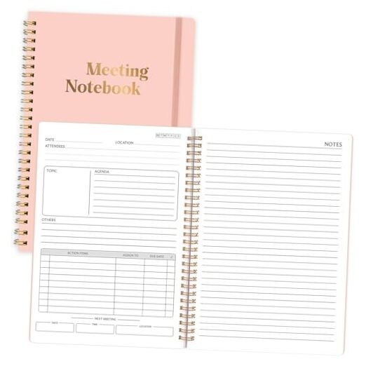 Meeting Notebook for Work, 7" x 10" Work Organization Notepad With Action Pink