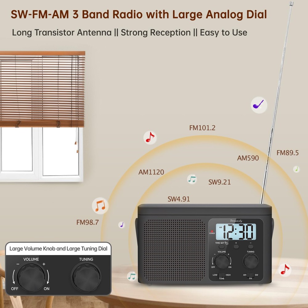 Portable AM FM Shortwave Radio - Strong Reception, Battery or AC Powered