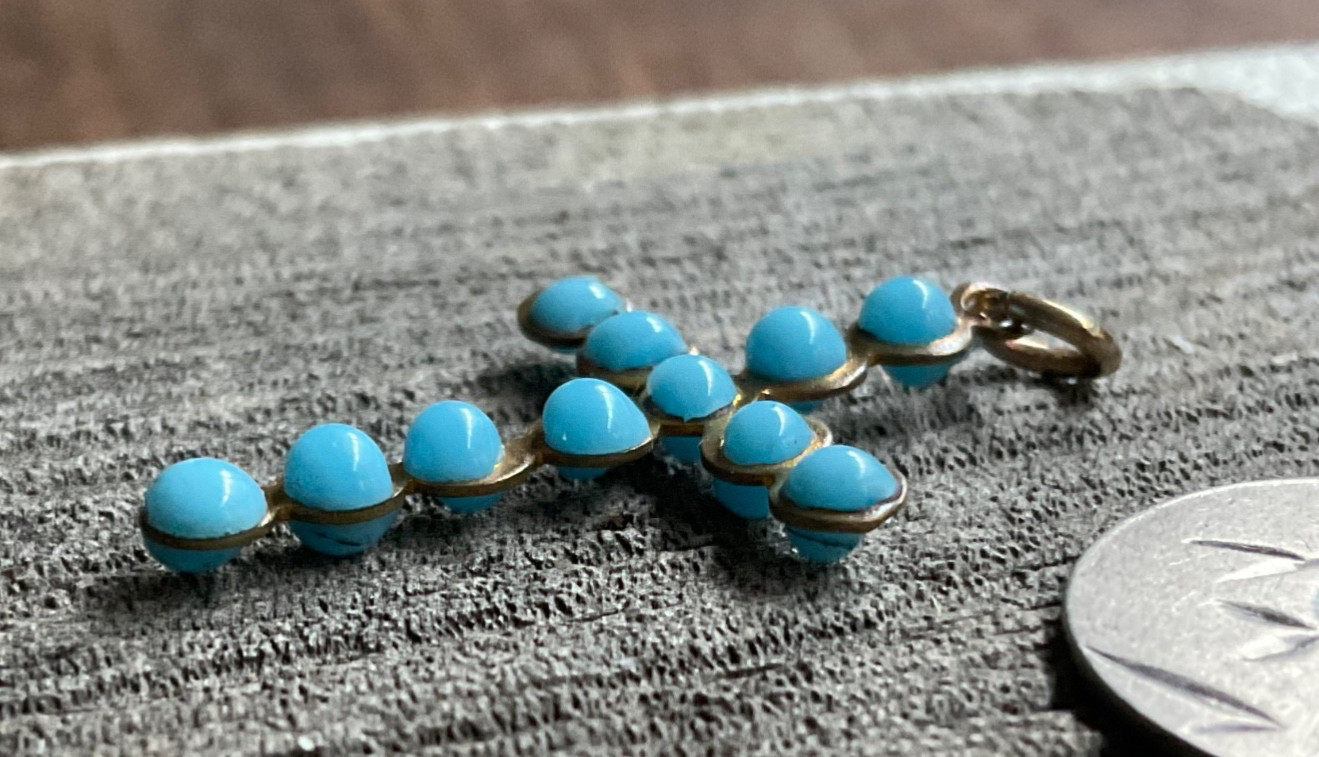French Antq. Silver~Gold Plate~Sky Blue Glass Enameled Drops Cross~Tres Chic