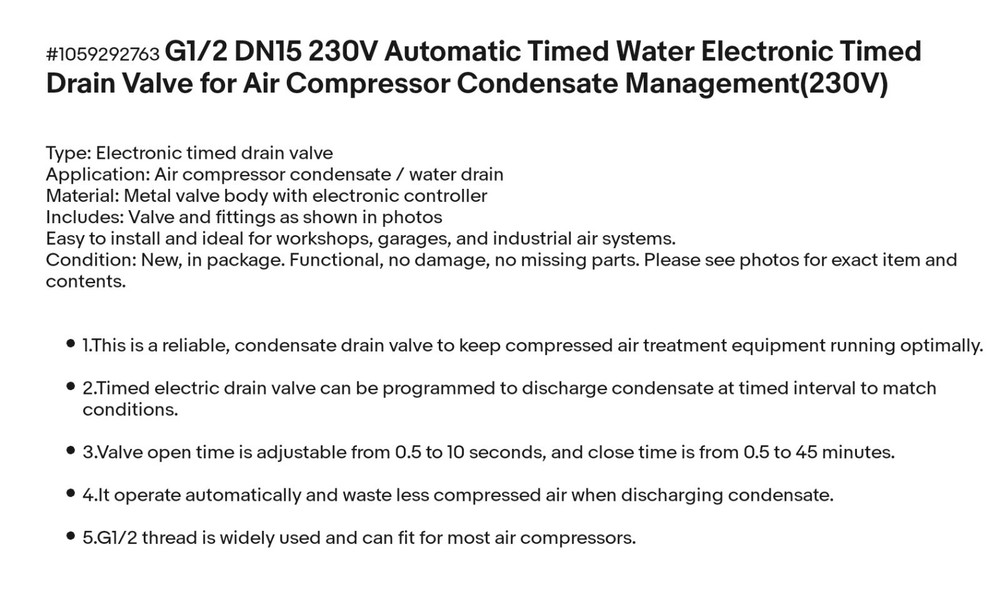 G1/2 DN15 230V Automatic Electronic Drain Valve for Air Compressor