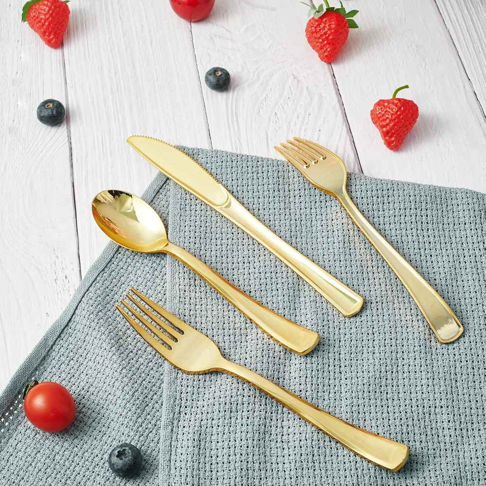 FOCUSLINE 75 Pack Gold Plastic Silverware Disposable Cutlery