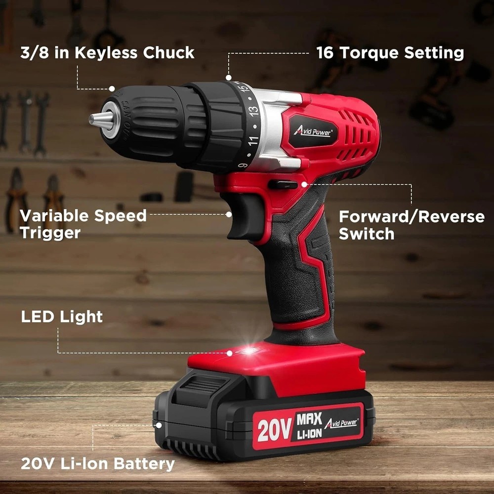 Ergonomic 20V Cordless Drill Set with Variable Speed & Built-in LED Light