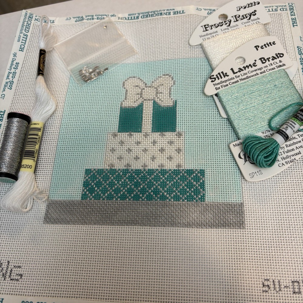 Suzie Vallerie Blue Stack Gift Boxes Handpainted Needlepoint Canvas with Threads