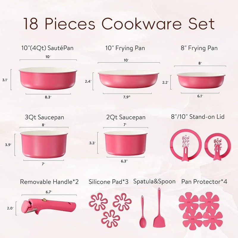 Nonstick Cookware Set Removable Handle Induction Compatible 18 Piece Set New