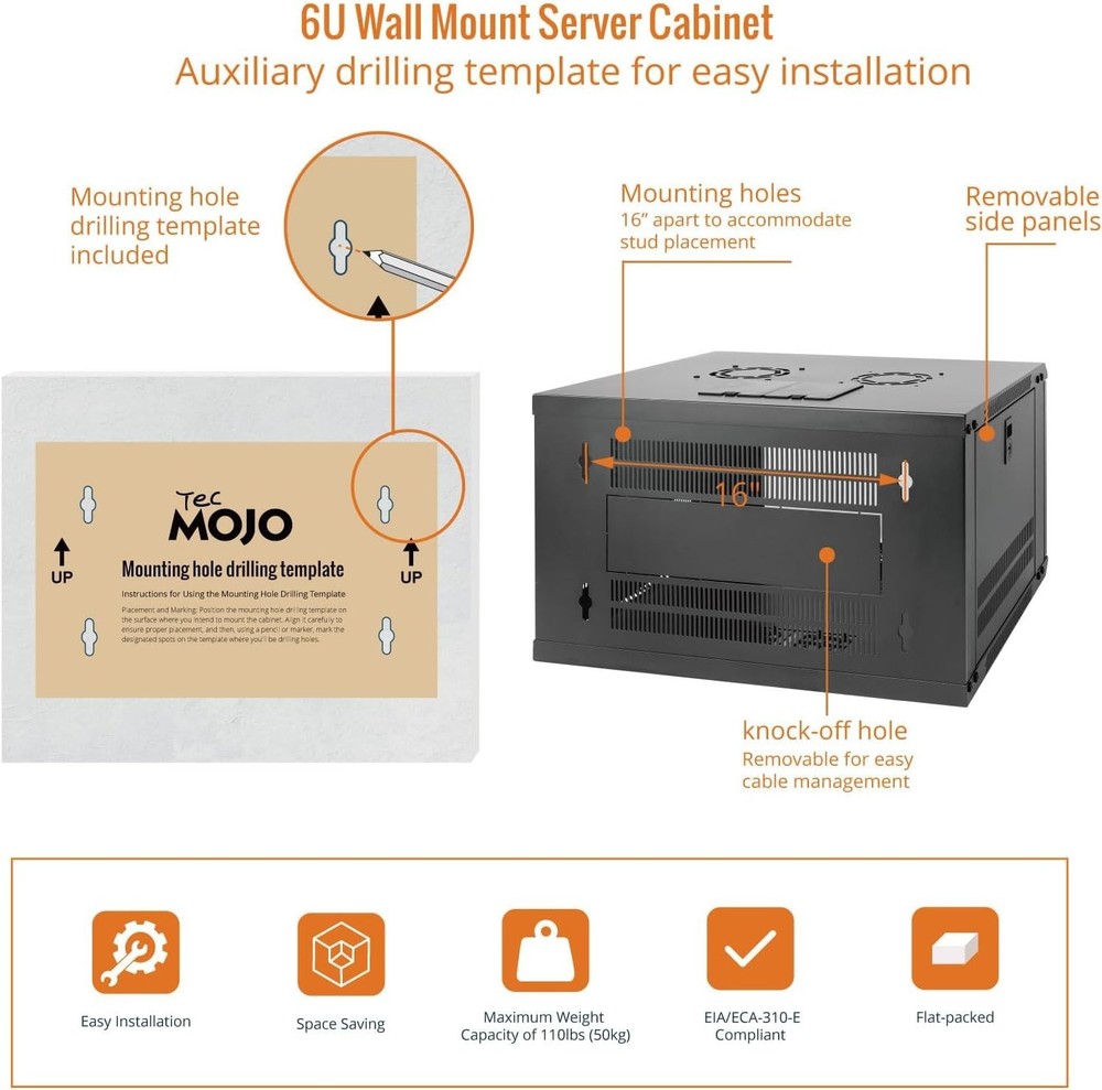 Durable 6U Wall-Mounted Server Cabinet - Adjustable Rail & Lockable Design
