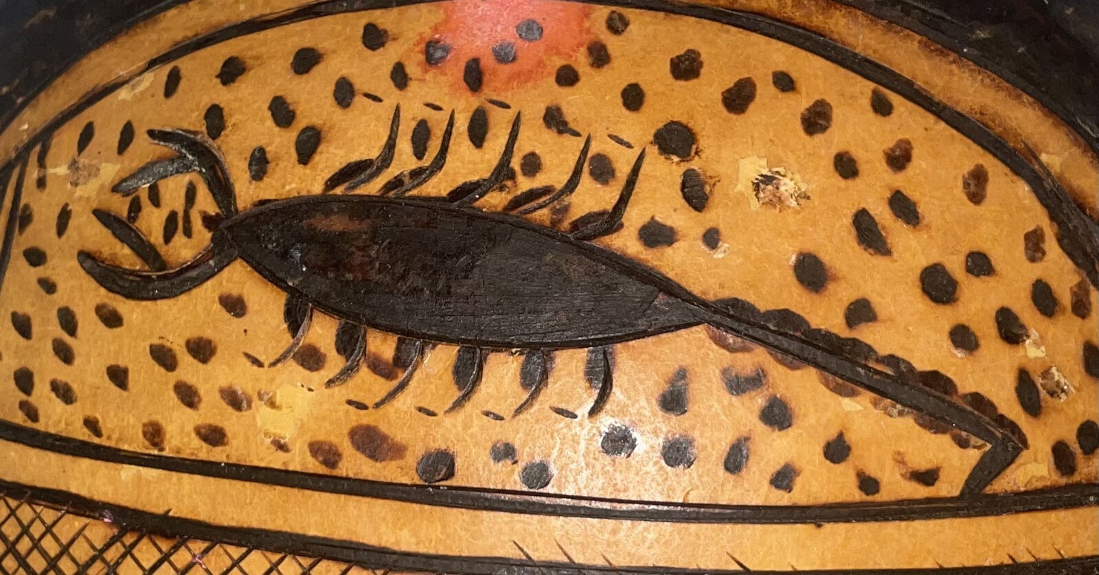 Vintage Large African Carved Gourd With Fish Bird And Scorpion Motif -Bowl