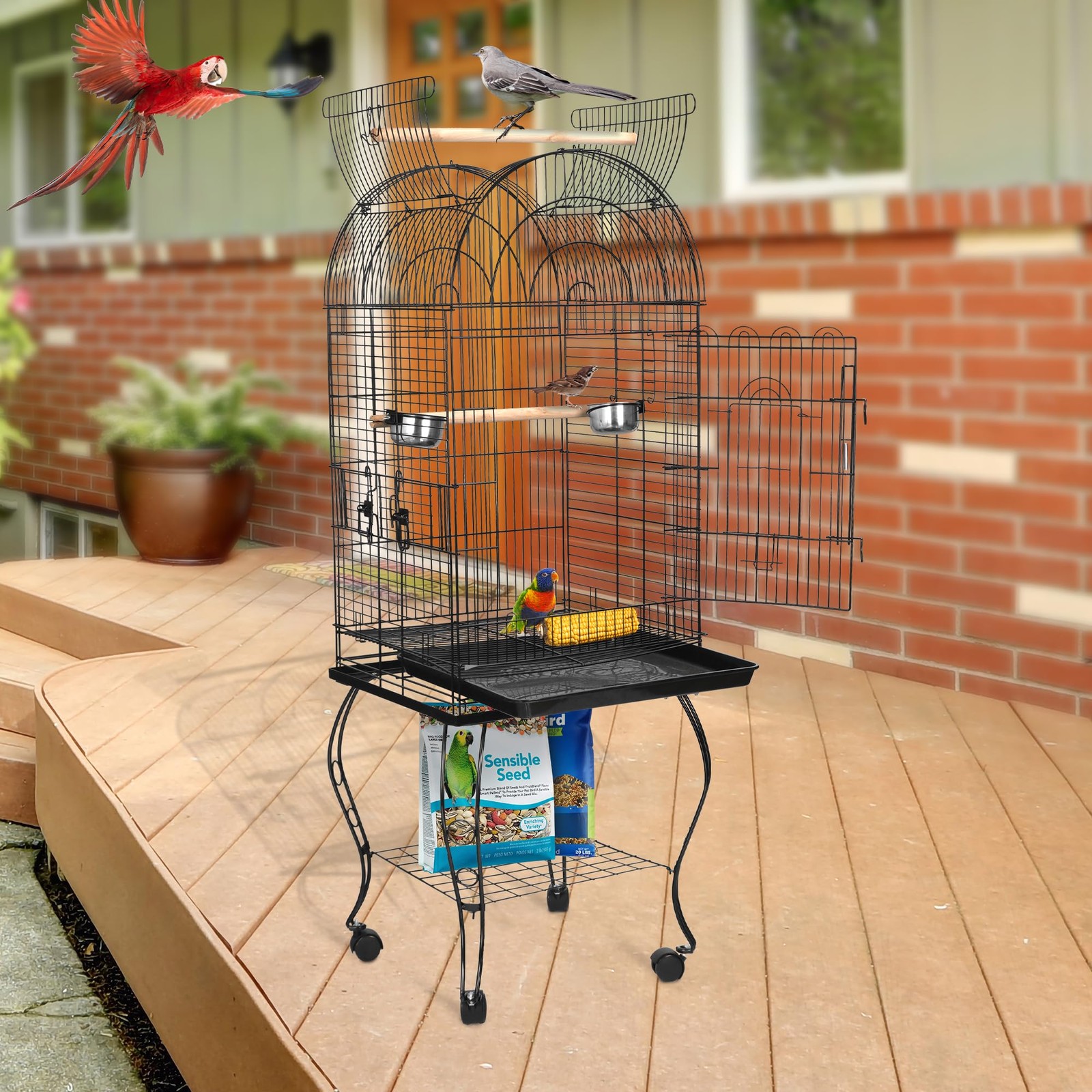 63.5 Inch Open-Top Wrought Iron Bird Cage with Slide-Out Tray and Rolling Stand