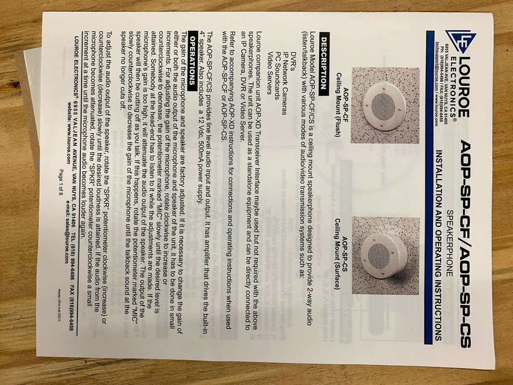 Louroe Electronics LE-115 Ceiling Speakerphone Flush Mount White