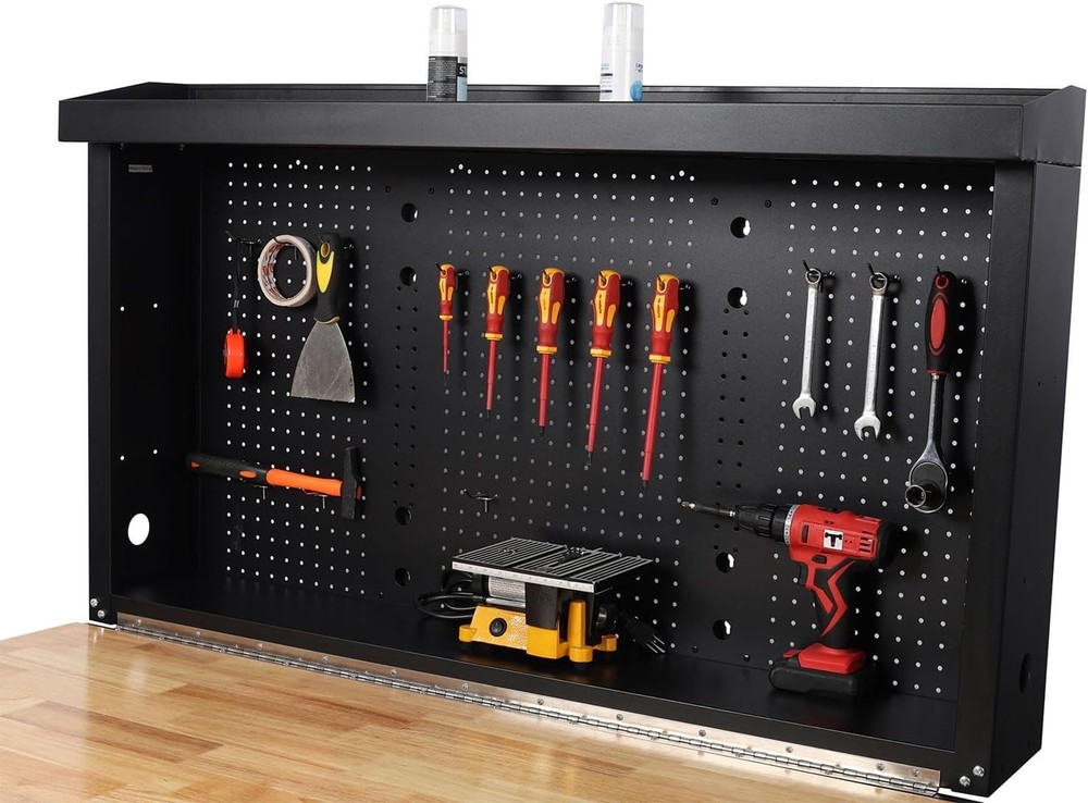 Wall Mounted Workbench Foldable Rubberwood Work Surface, Pegboard Tool Storage
