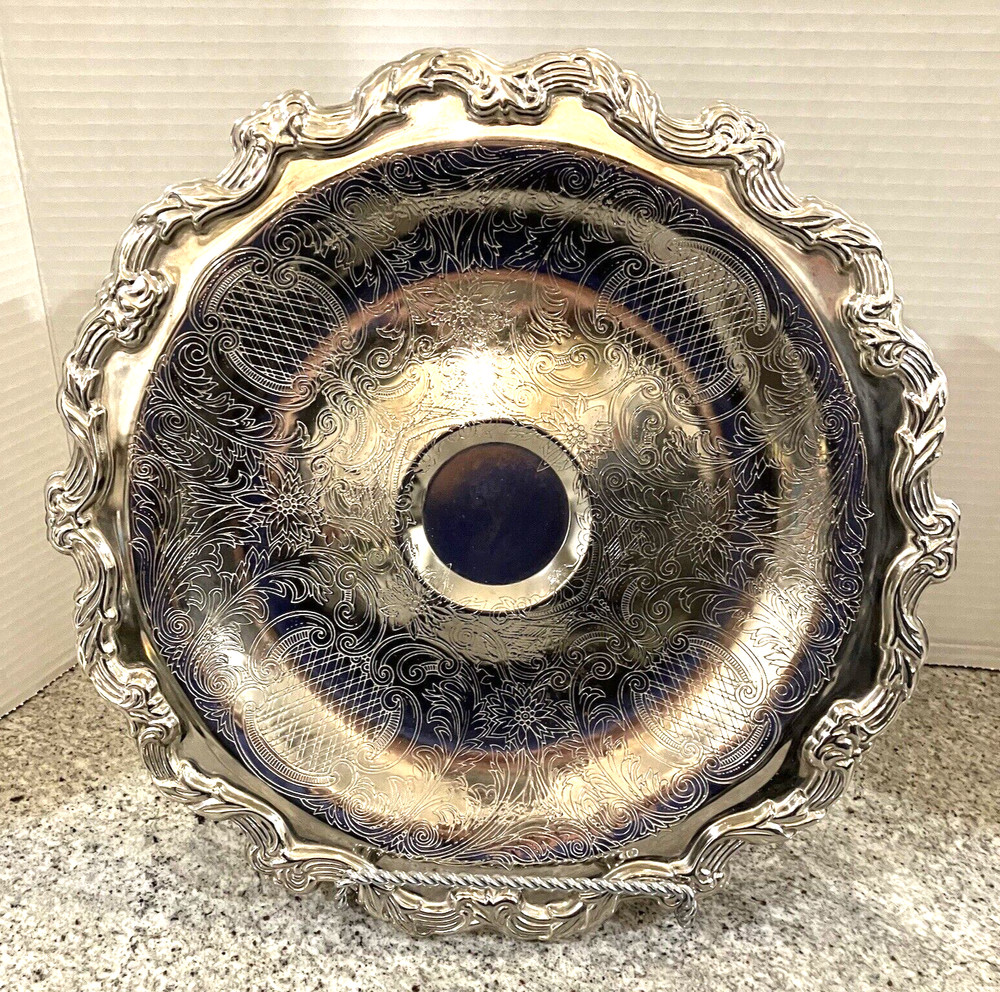 International Silver Co. Round Serving Platter w/ Etching & Scroll Edge