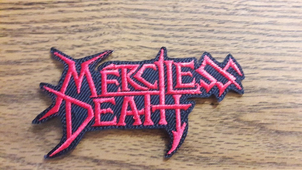 MERCILESS DEATH,IRON ON RED EMBROIDERED PATCH