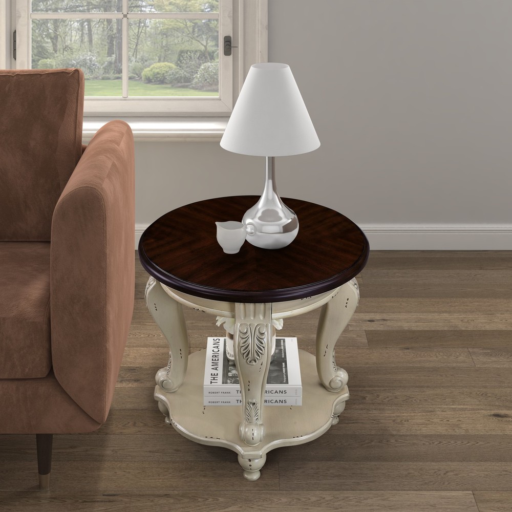 22'' Two Tone Round End Table,Solid Wood Sofa Side Table with Shelf,Living Roo