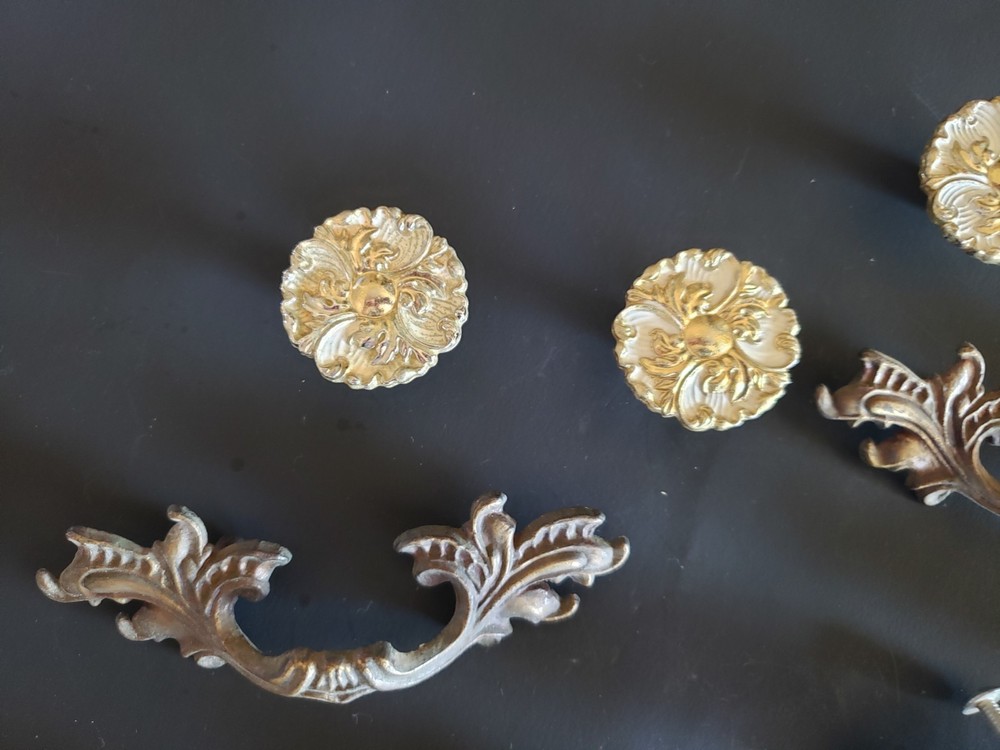 Vintage French Provincial Drawer pulls 6 + 3 matching knobs whitewashed brass