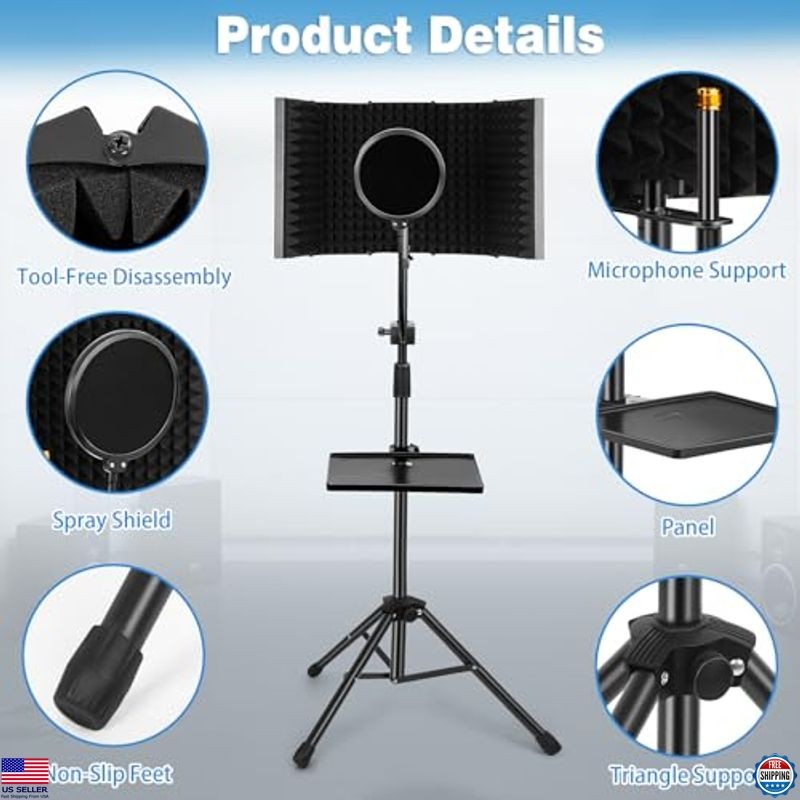 Mic Isolation Shield with Stand Curved Panel for Microphone, Foldable Mic Shield