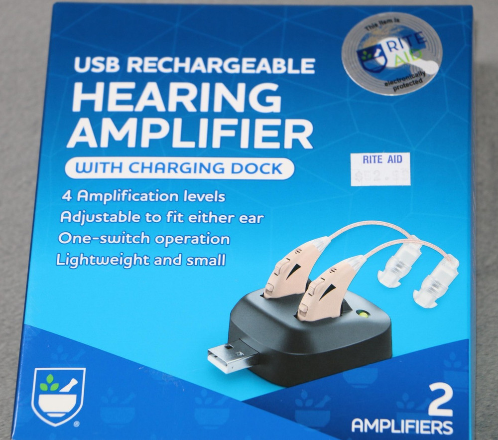 USB Rechargeable Hearing Amplifier 2 Pack w Charging Dock Adjustable Volume
